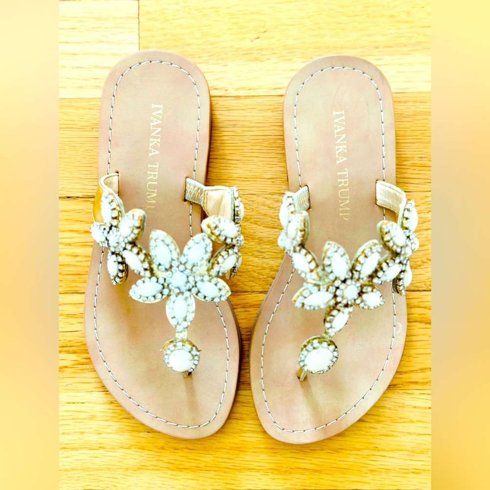 Ivanka Trump white & gold sandals with embellished gemstones size 4M